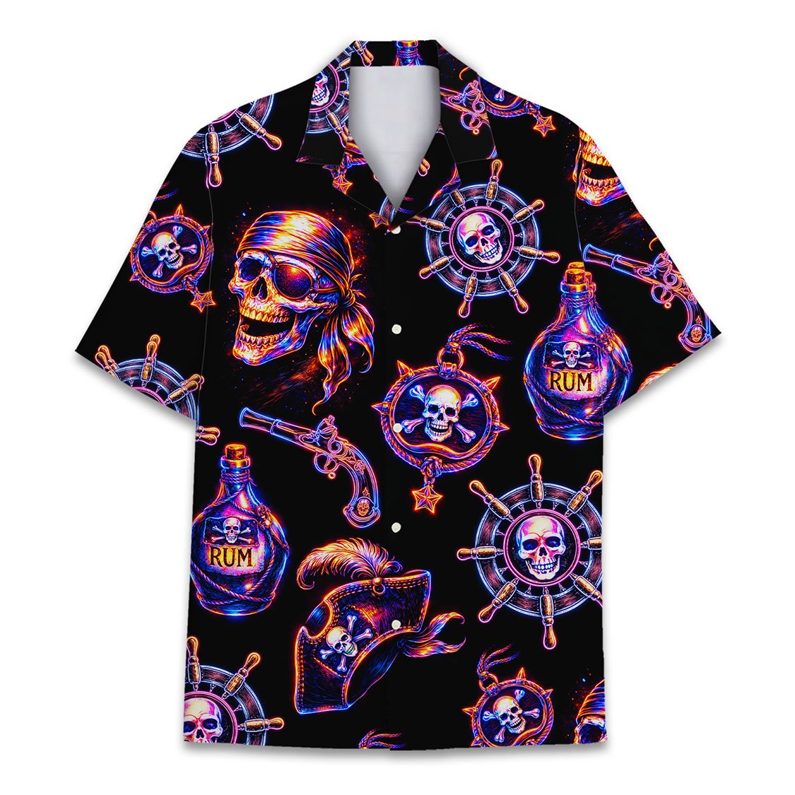Pirate skull hawaiian shirt featuring glowing neon motifs on black background, front view