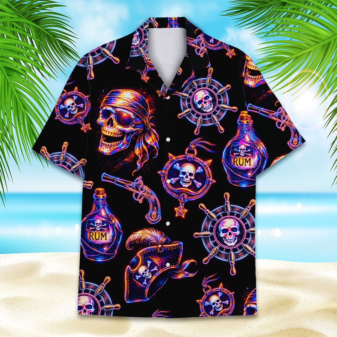 Lifestyle image of the pirate skull hawaiian shirt being worn