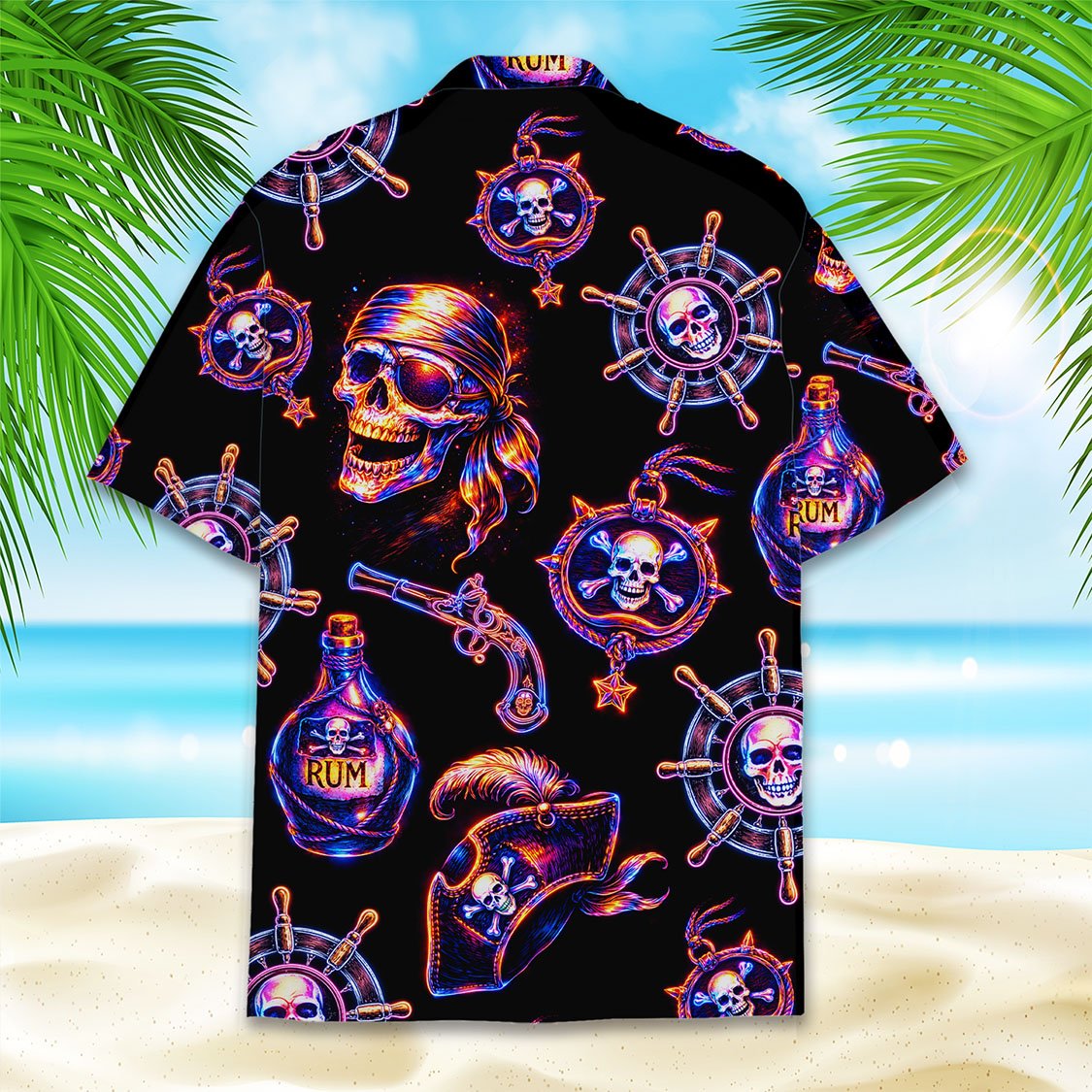 Another lifestyle view showing the fit of the pirate skull hawaiian shirt