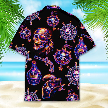 Another lifestyle view showing the fit of the pirate skull hawaiian shirt