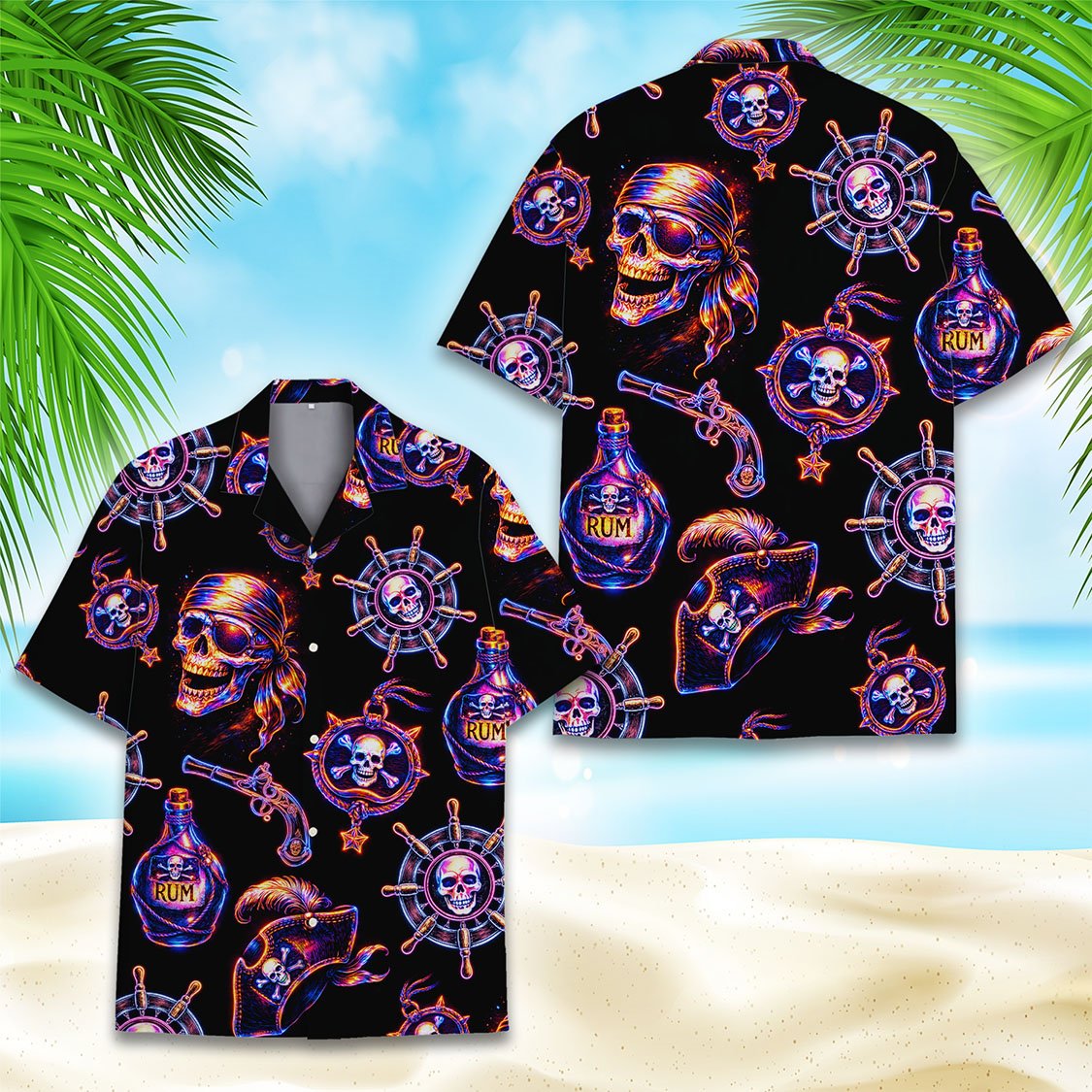 Final lifestyle view of the pirate skull hawaiian shirt in action
