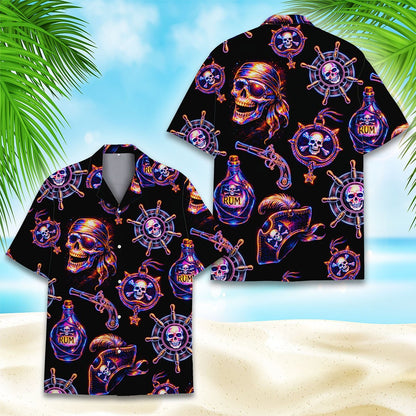 Final lifestyle view of the pirate skull hawaiian shirt in action