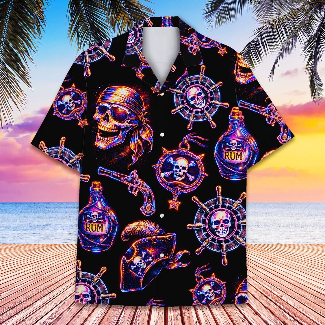Lifestyle view of a person wearing the pirate skull hawaiian shirt