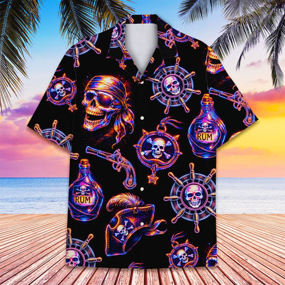 Lifestyle view of a person wearing the pirate skull hawaiian shirt