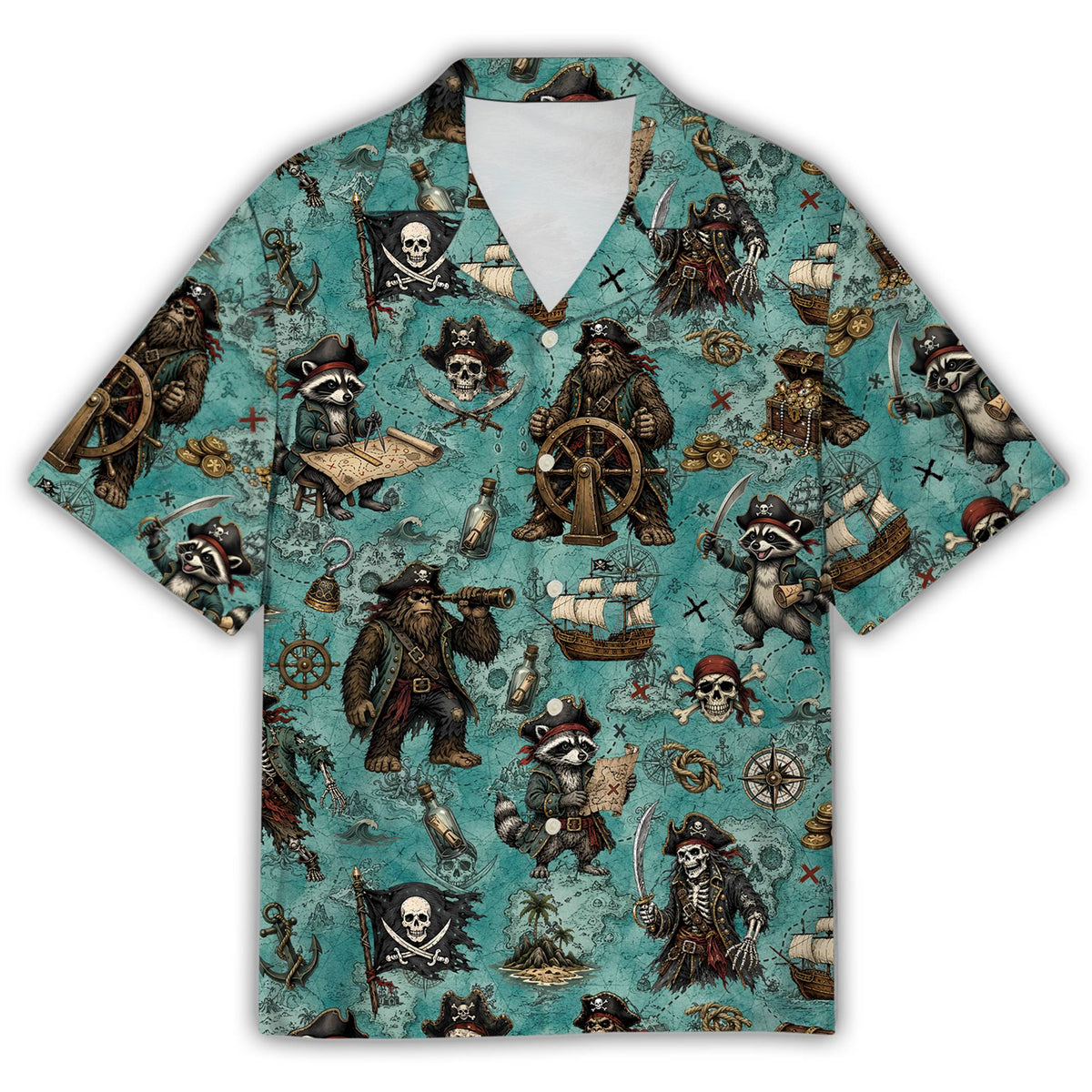 Front view of the teal pirate hawaiian shirt featuring a vintage treasure map design