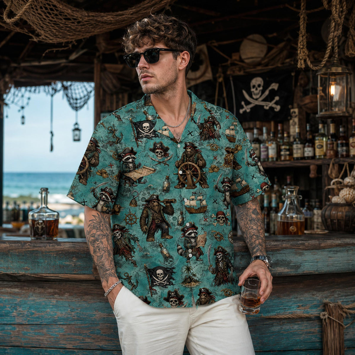 Close up lifestyle shot of the matching family hawaiian shirts pirate design