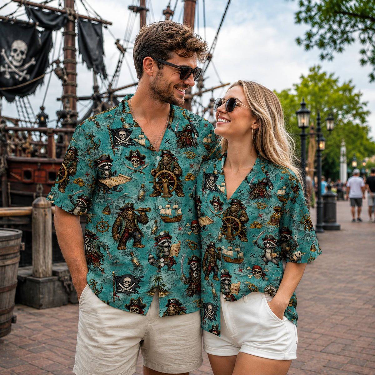 Lifestyle view of the teal treasure map hawaiian shirt