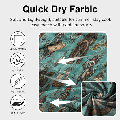 Adult modeling the teal pirate hawaiian shirt