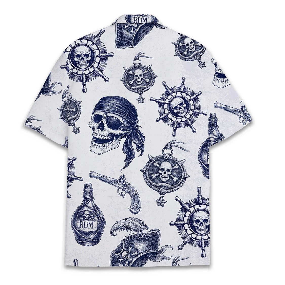 Second back view of the pirate themed hawaiian top