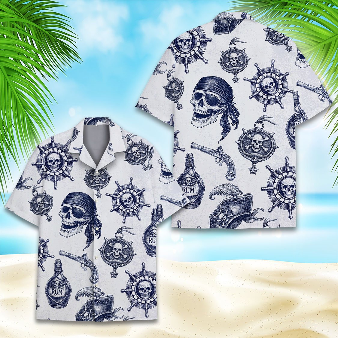 Close-up front view of the white pirate hawaiian shirt details