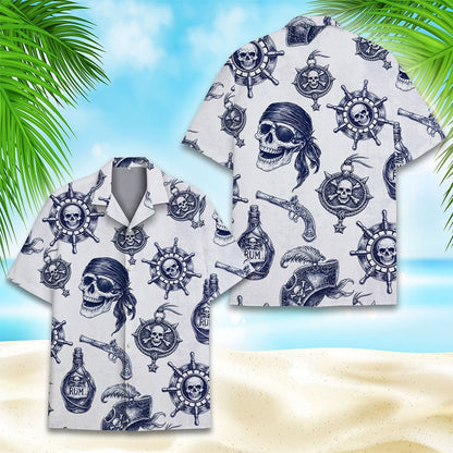 Close-up front view of the white pirate hawaiian shirt details