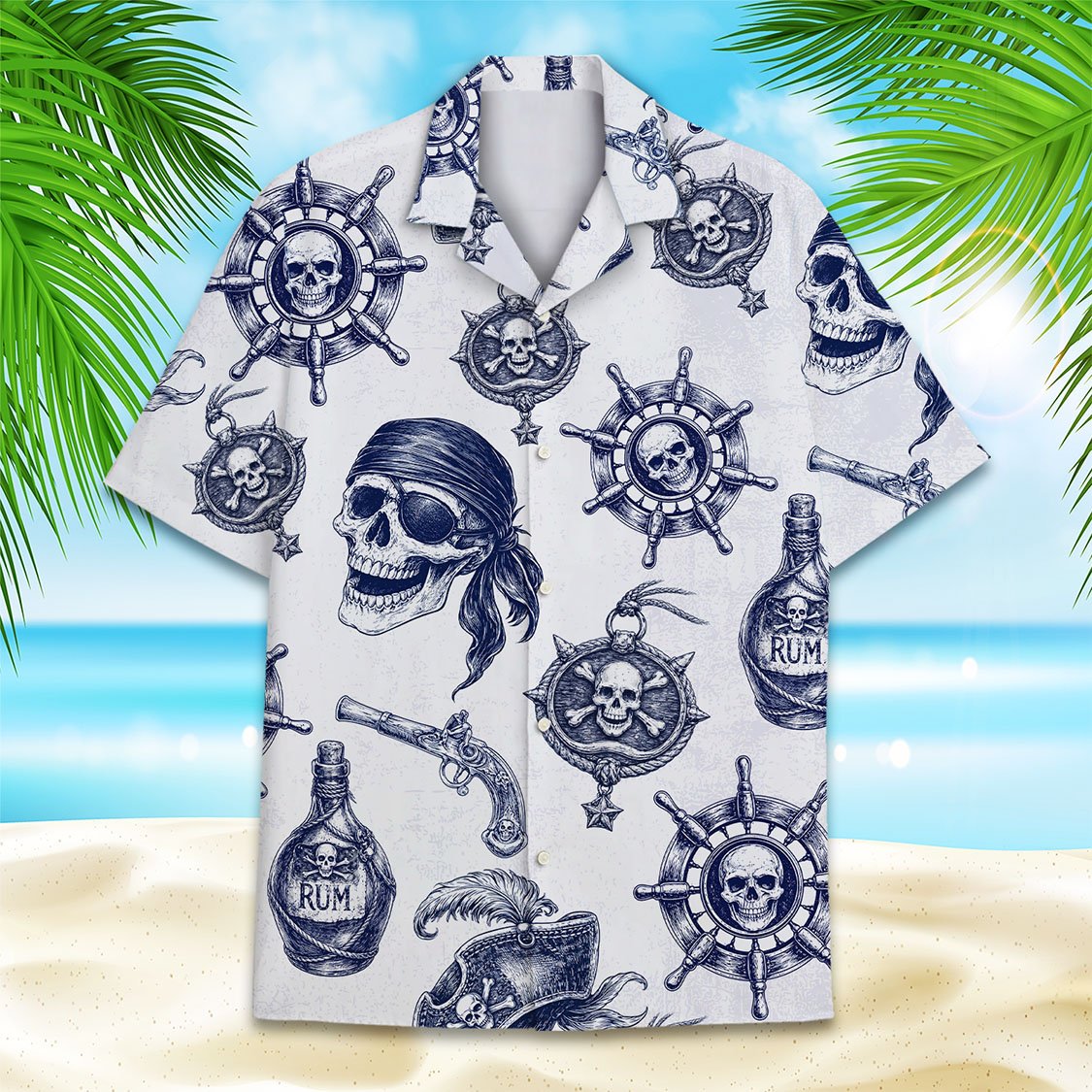 Another front view of the navy and white pirate patterned shirt
