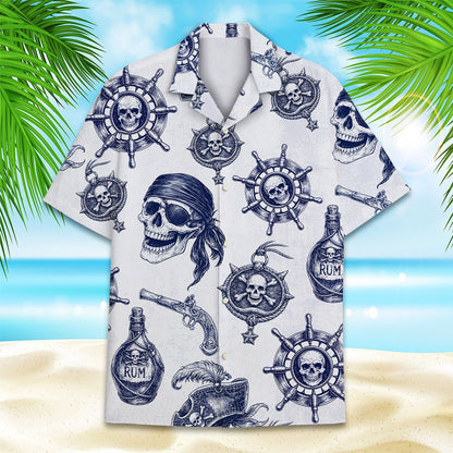 Another front view of the navy and white pirate patterned shirt