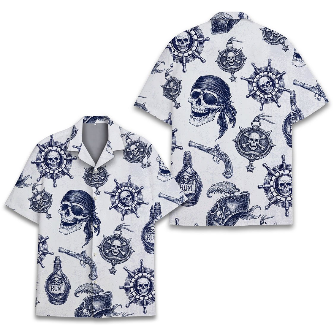 White pirate hawaiian shirt with navy blue skulls and ships wheels, main view