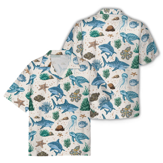 Main view of the pixel ocean life hawaiian shirt featuring pixelated sea creatures