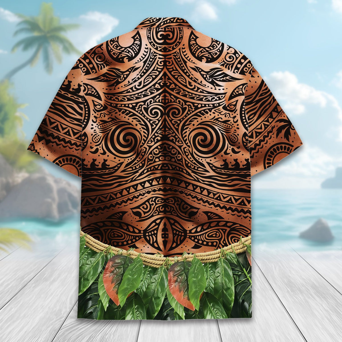 Abstract polynesian tattoo hawaiian shirt with tribal print and leaf skirt, back view 2