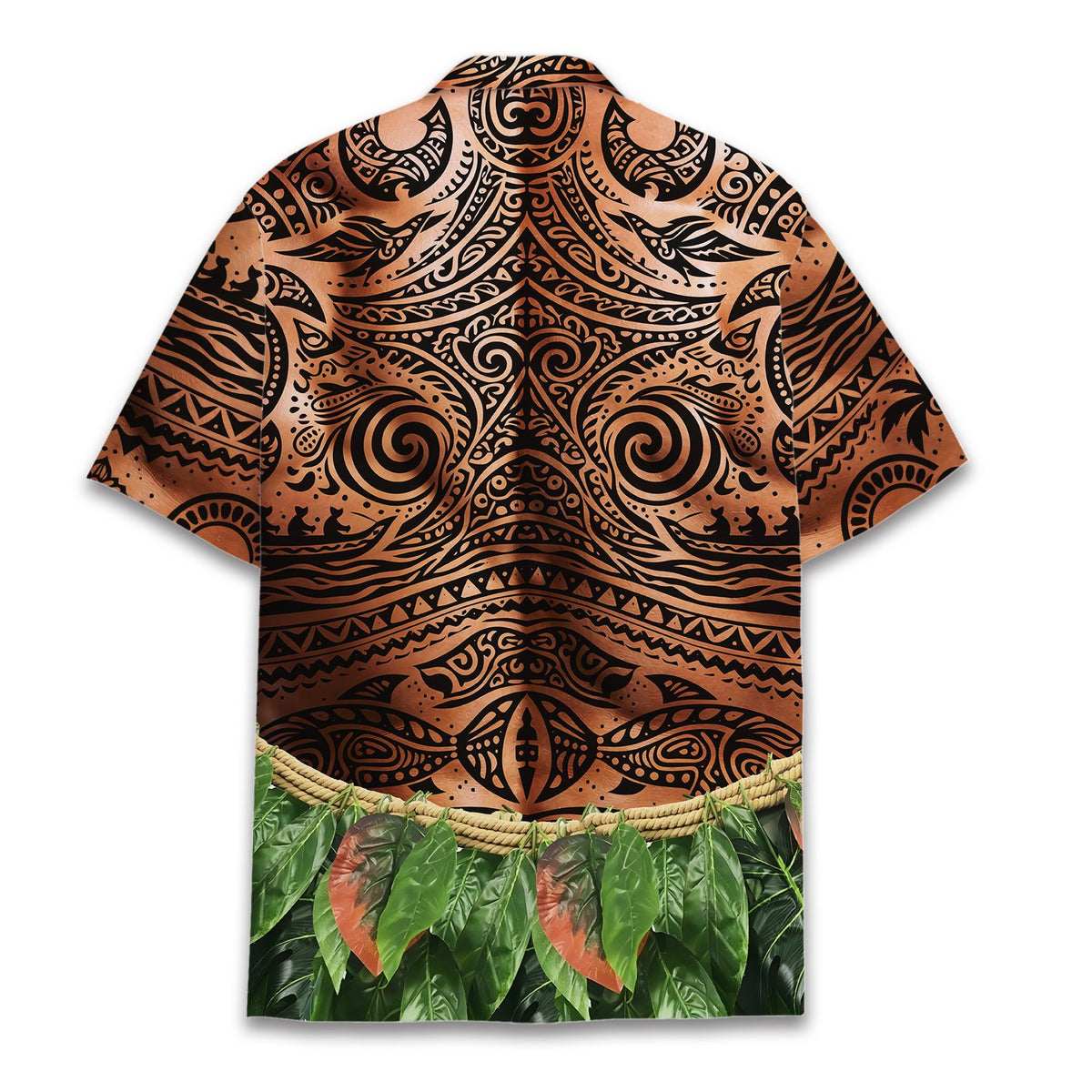 Abstract polynesian tattoo hawaiian shirt with tribal print and leaf skirt, back view