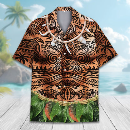 Abstract polynesian tattoo hawaiian shirt with tribal print and leaf skirt, main view 2