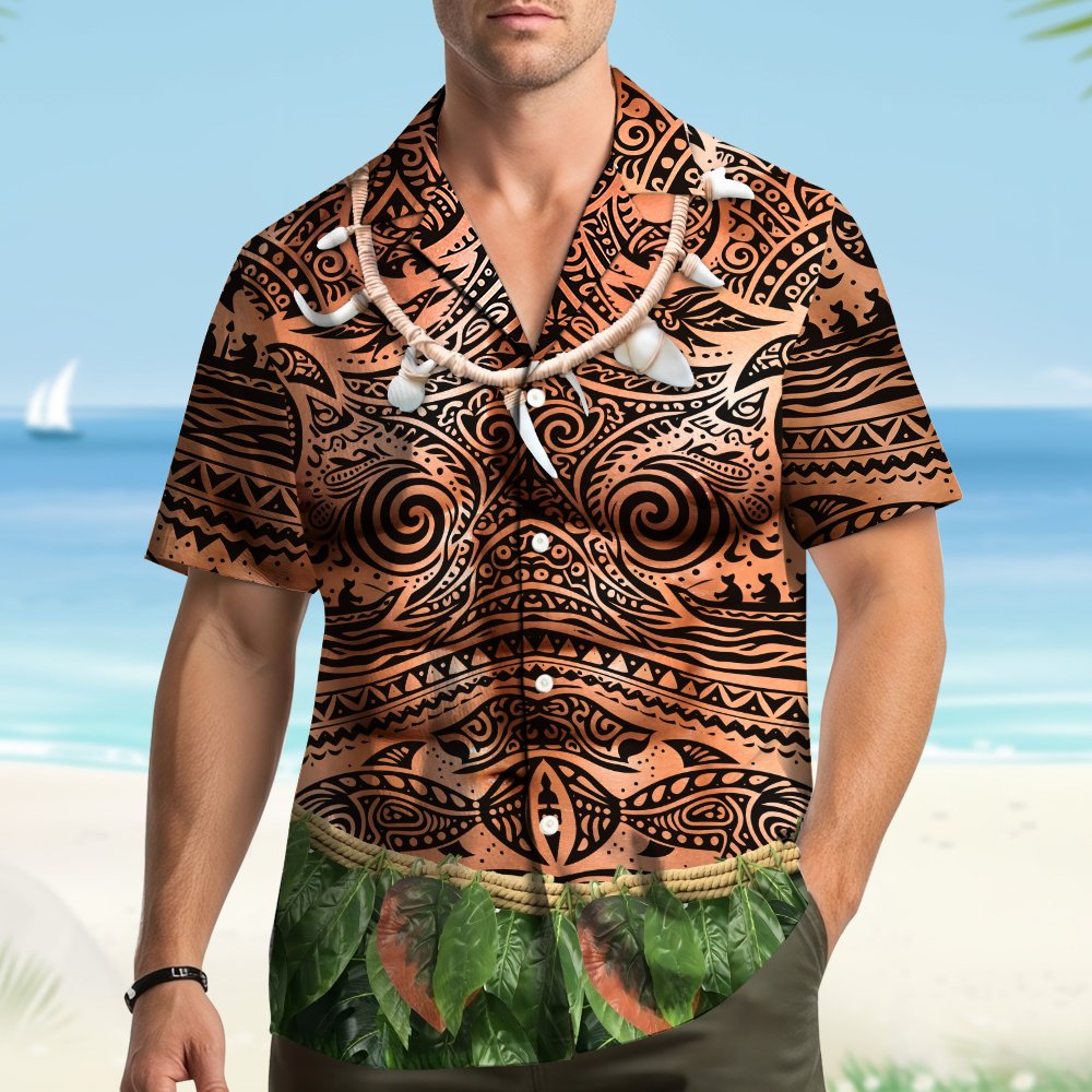 Second lifestyle view of the abstract polynesian tattoo hawaiian shirt outdoors