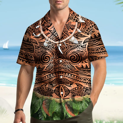 Second lifestyle view of the abstract polynesian tattoo hawaiian shirt outdoors