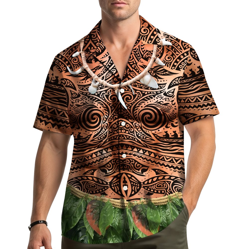 Lifestyle view of the abstract polynesian tattoo hawaiian shirt outdoors
