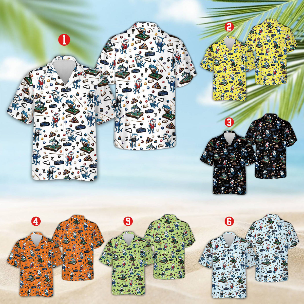 Front view of the matching family hawaiian shirt featuring cartoon sharks playing pool