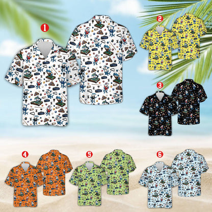Front view of the matching family hawaiian shirt featuring cartoon sharks playing pool