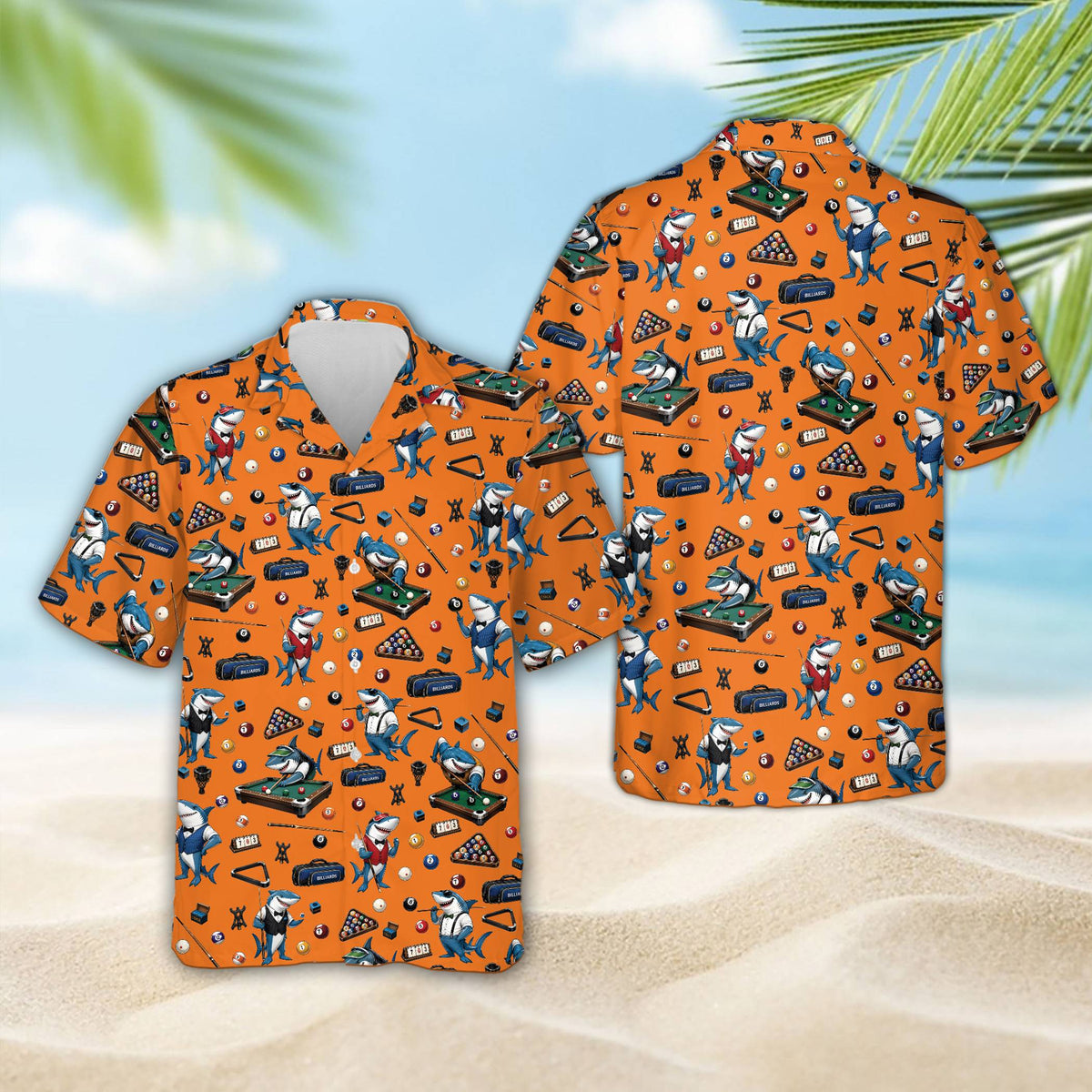 Detailed front view showing billiard tables and pool cues on the hawaiian shirt