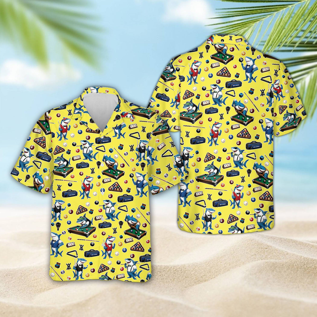 Front angle of the multicolor pool hawaiian shirt