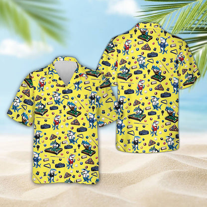 Front angle of the multicolor pool hawaiian shirt
