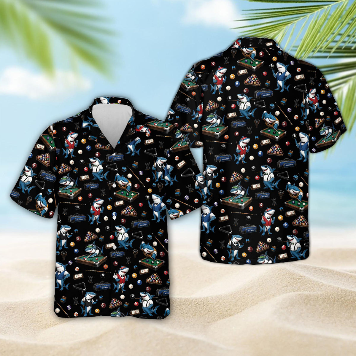 Close up front view of the shark hawaiian shirt