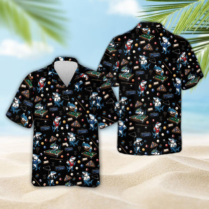 Close up front view of the shark hawaiian shirt