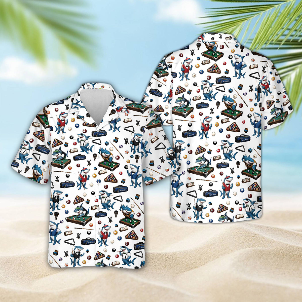 Full front view of the pool shark hawaiian shirt