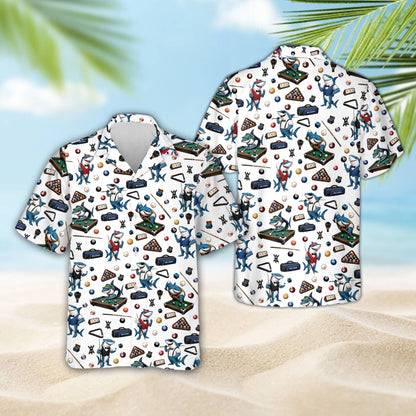 Full front view of the pool shark hawaiian shirt