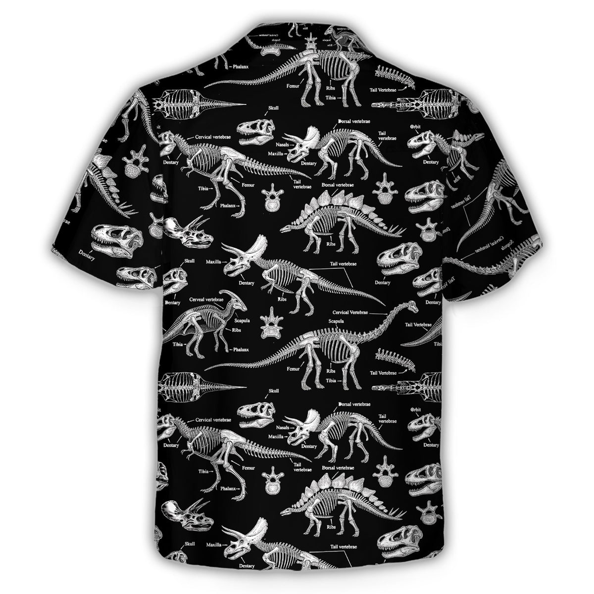 Back view of the black prehistoric hawaiian shirt with dinosaur skull pattern