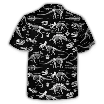 Back view of the black prehistoric hawaiian shirt with dinosaur skull pattern