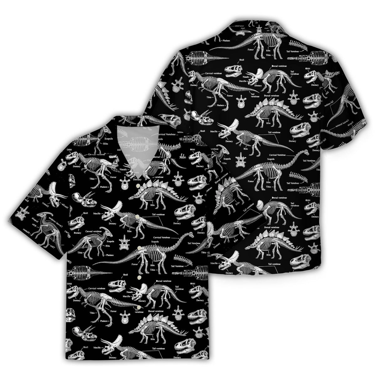 Front view of the black prehistoric hawaiian shirt on an adult model