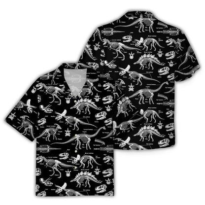 Front view of the black prehistoric hawaiian shirt on an adult model