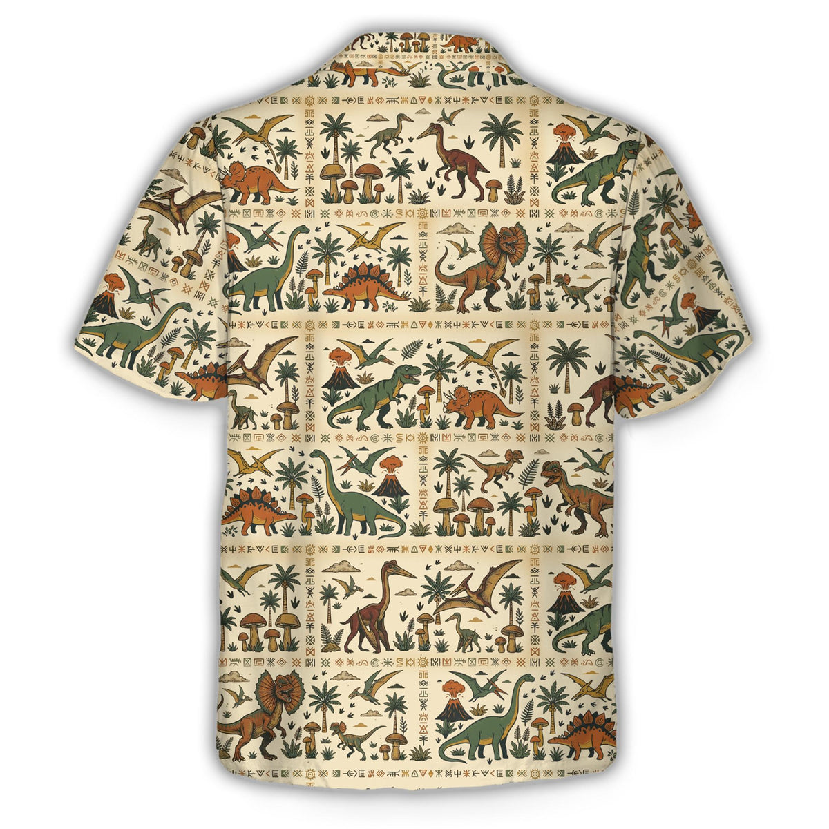 Prehistoric dinosaurs hawaiian shirt on a beige background, back view