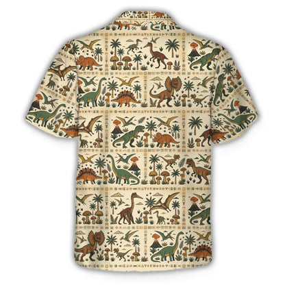Prehistoric dinosaurs hawaiian shirt on a beige background, back view