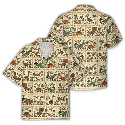 Prehistoric dinosaurs hawaiian shirt on a beige background, front view