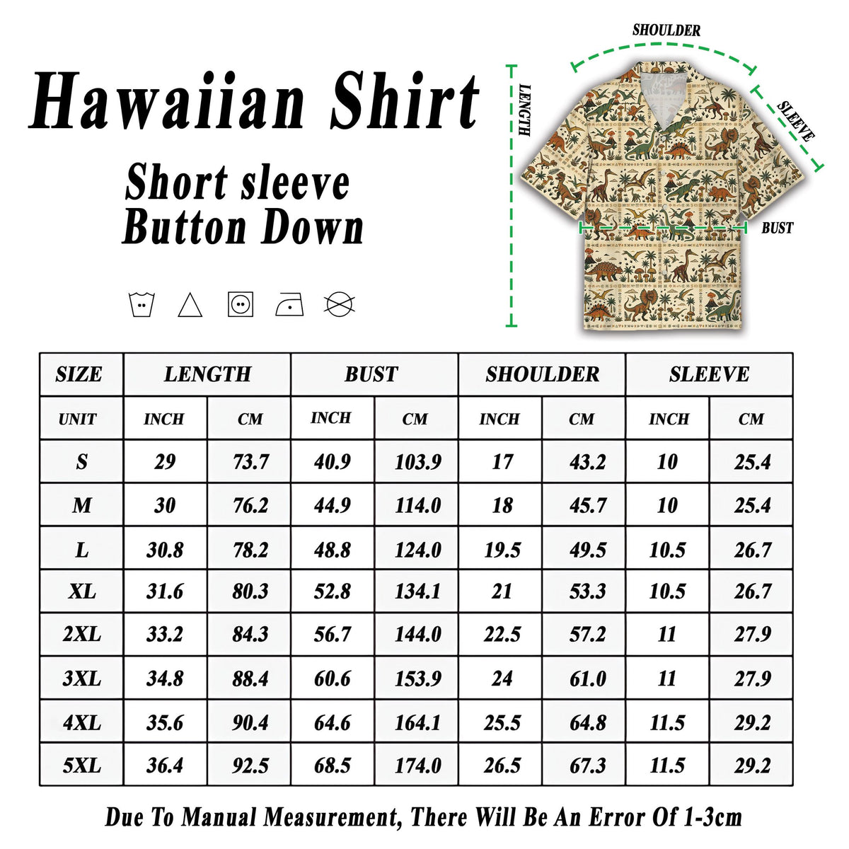 View of the prehistoric dinosaurs hawaiian shirt showing the sleeve and pattern layout