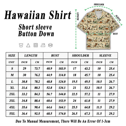 View of the prehistoric dinosaurs hawaiian shirt showing the sleeve and pattern layout