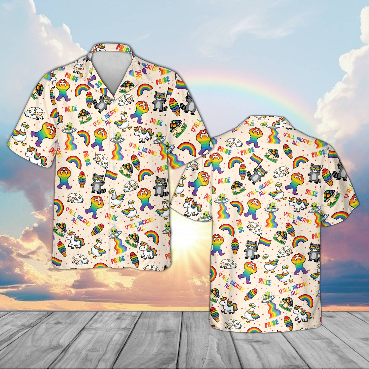 Beige background hawaiian shirt matching family pride design, front view