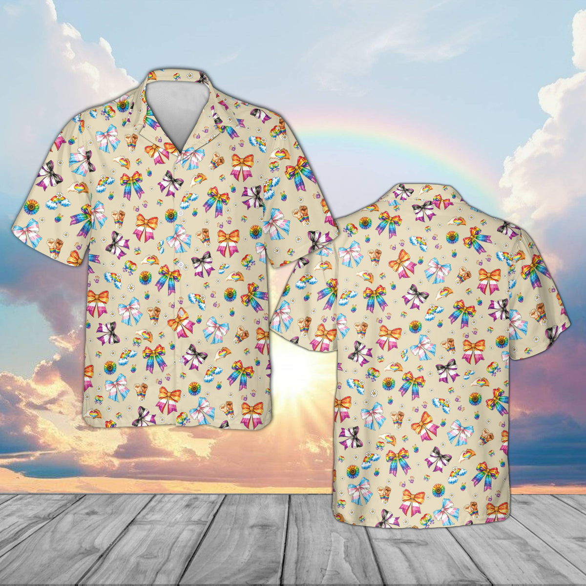 Beige matching family hawaiian shirt with pride flag palette, front view