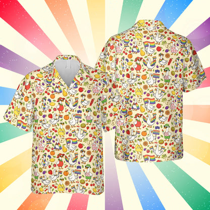 Beige matching family hawaiian shirt with ducks and fruits, front view