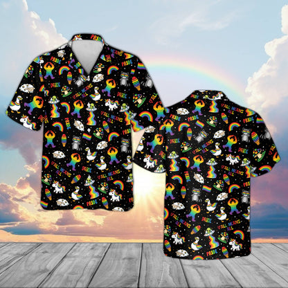 Black pride hawaiian shirt featuring Y'all Means All pattern and rainbows, front view
