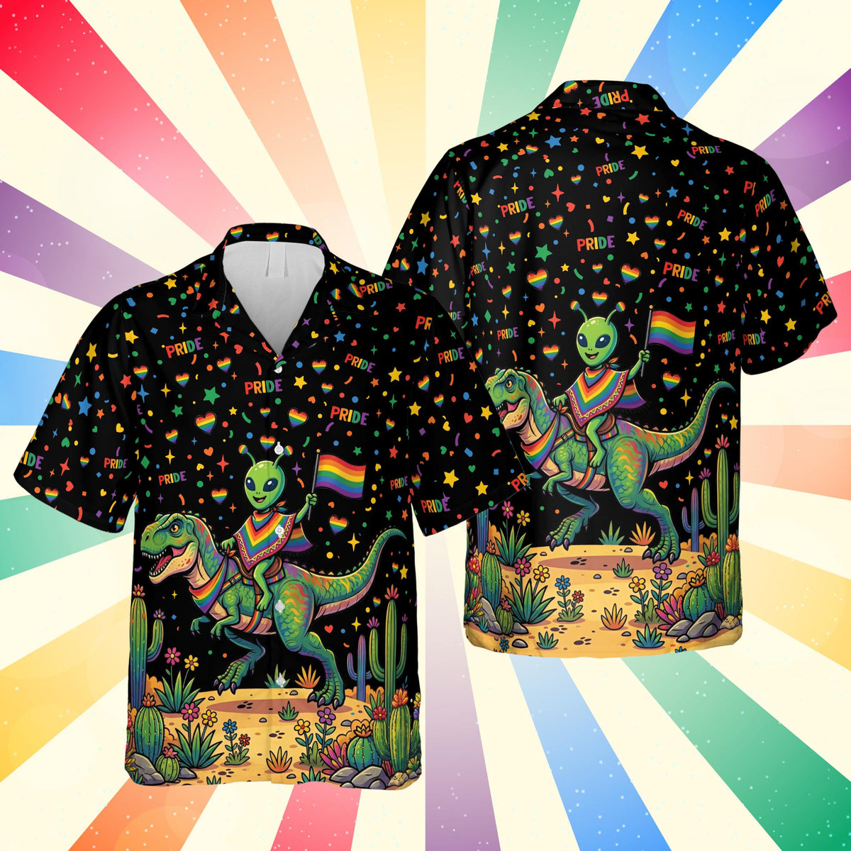 Black pride hawaiian shirt showing a colorful alien riding a dinosaur, front view