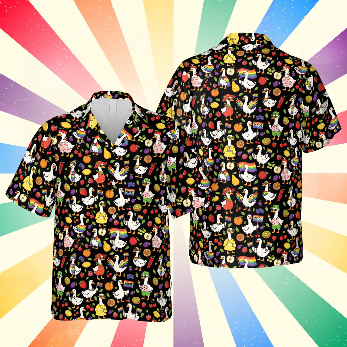 Black matching family hawaiian shirt with ducks and fruits, front view
