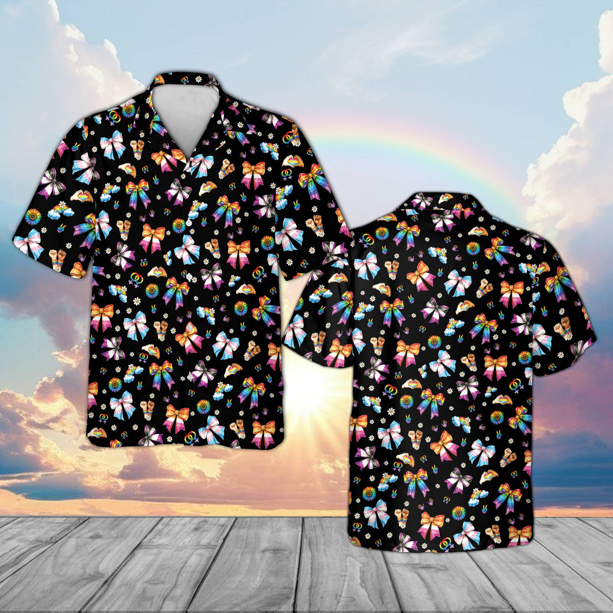 Black family matching hawaiian shirt with abstract pride pattern, front view